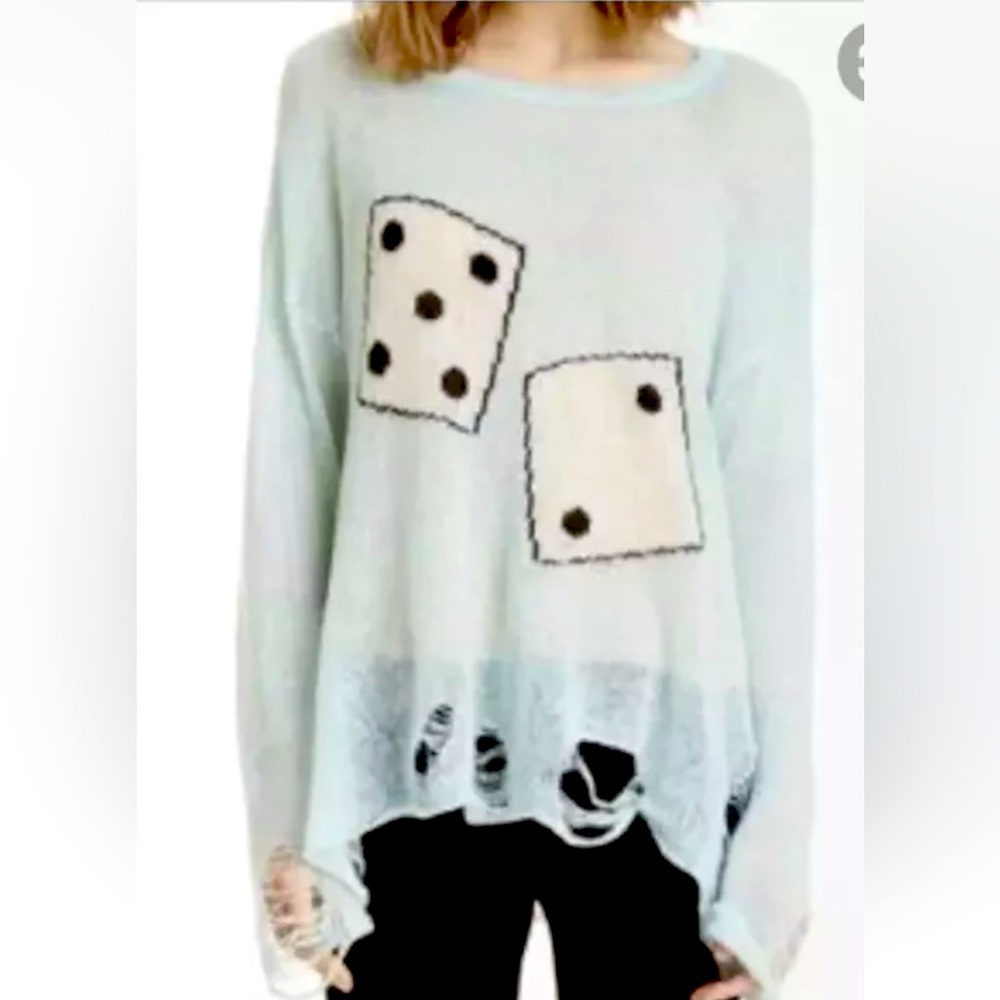 $220 WILDFOX COUTURE Domino Effect Lennon Sweater Distressed Mint Blue SZ XS/S